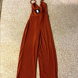 Rust stripe rib strappy wrap jumpsuit